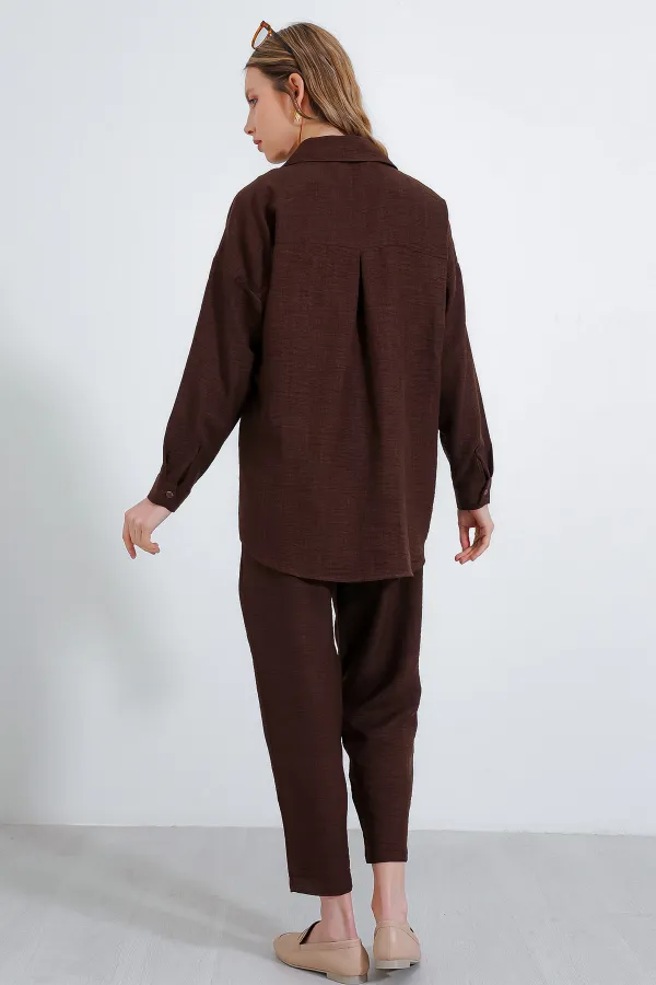 Kadın Kahverengi Oversize Keten Alt Üst Takım 6622