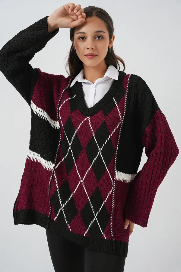 Kadın V Yaka Desenli Triko Kazak 15933 - Bordo