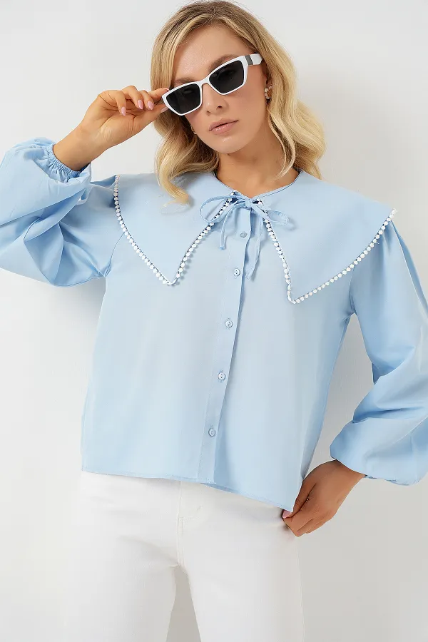 Chemise à col bébé pour femme 20314 - Bleu