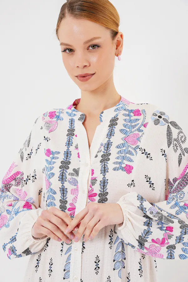 2423 Otantik Desenli Tesettür Elbise - C. Pembe