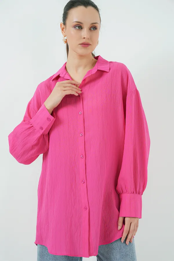 Kadın Çizgili Uzun Gömlek Tunik 5963 - Fuşya