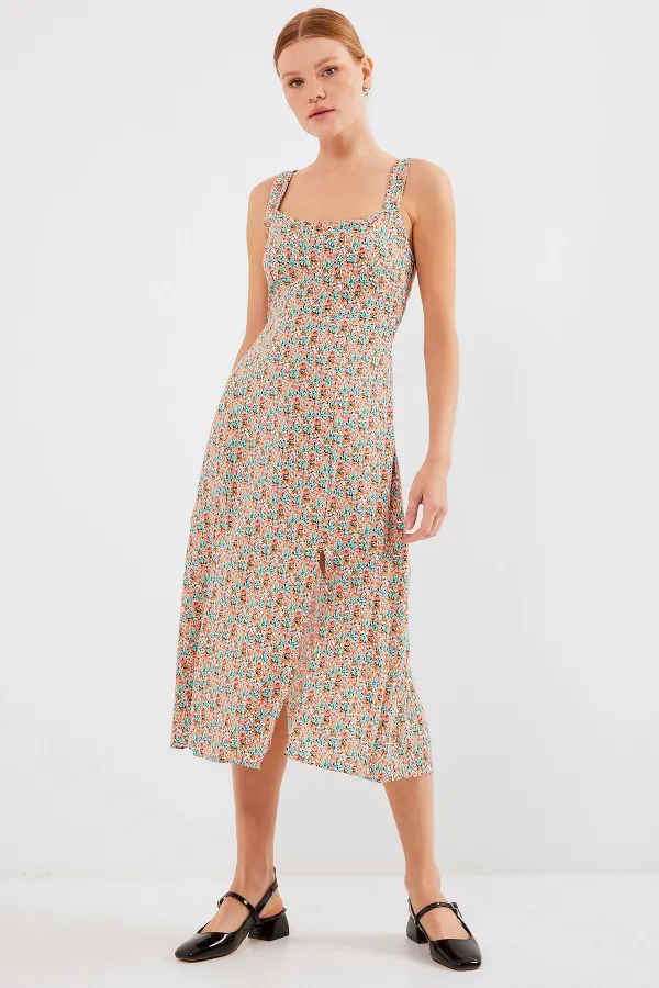 2282 Yırtmaçlı Askılı Viskon Elbise - Çok Renkli