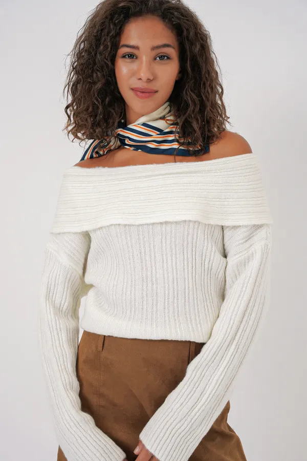 Pull oversize en maille à épaules dénudées pour femme (réf. 15908) - Blanc
