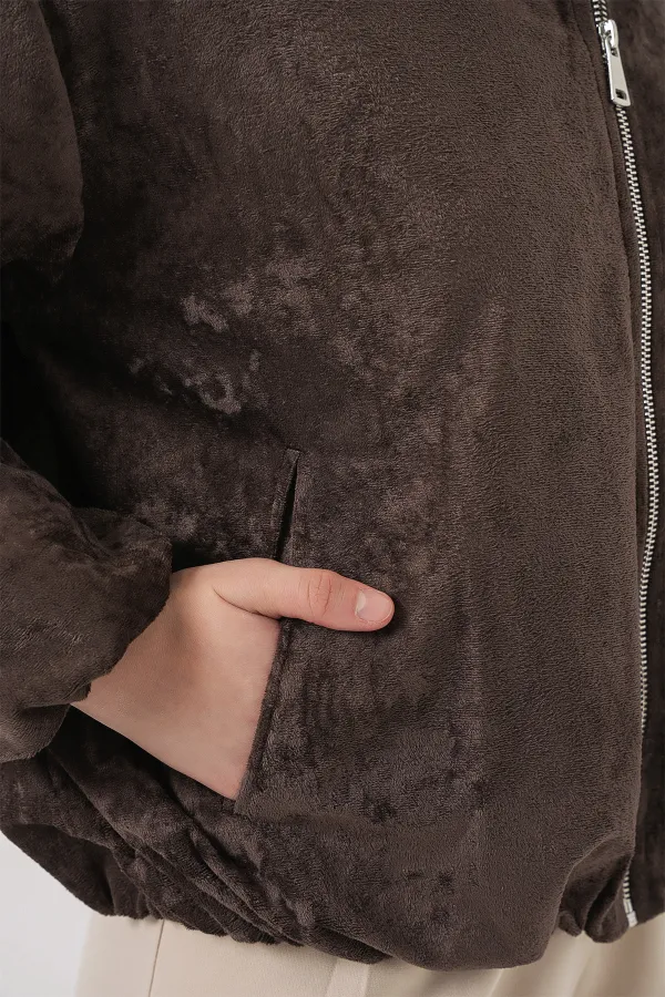 Veste oversize en velours froncé pour femme 0733 - Marron