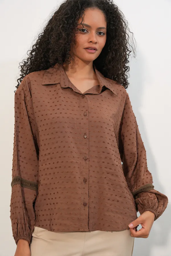 Kadın Oversize Desenli Gömlek 20379 - Taba Kadın Oversize Desenli Gömlek 20379 - Taba