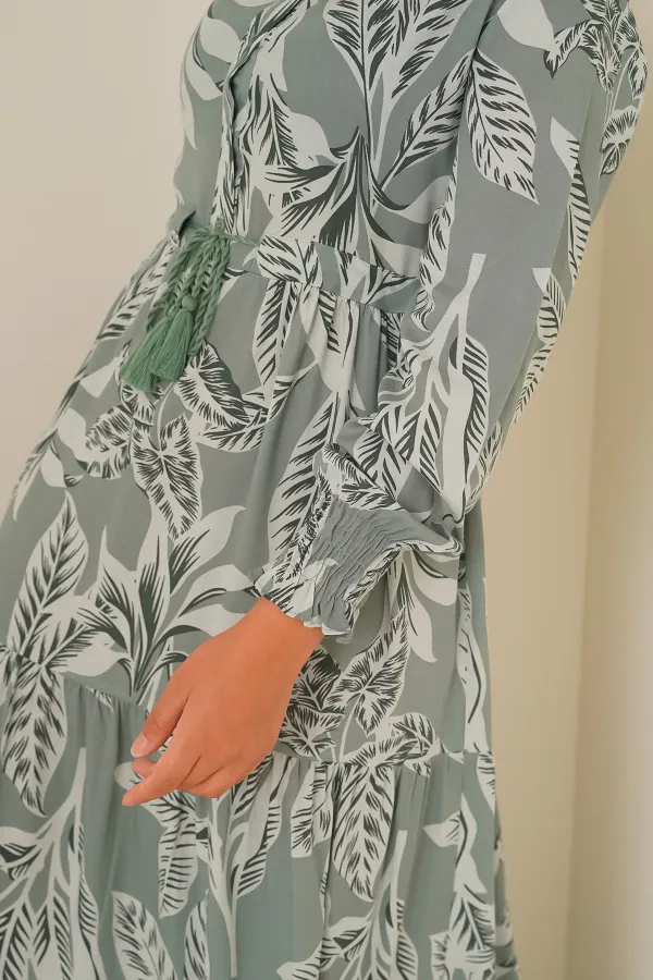 2145 Desenli Tesettür Elbise - Çağla