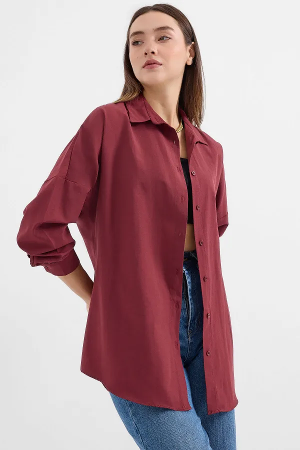 Kadın Oversize Mürdüm Uzun Basic Gömlek 3900