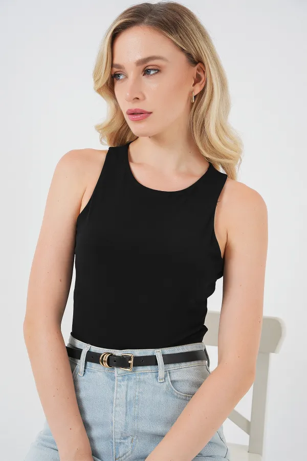Kadın Halter Yaka Çıtçıtlı Body 972 - Siyah