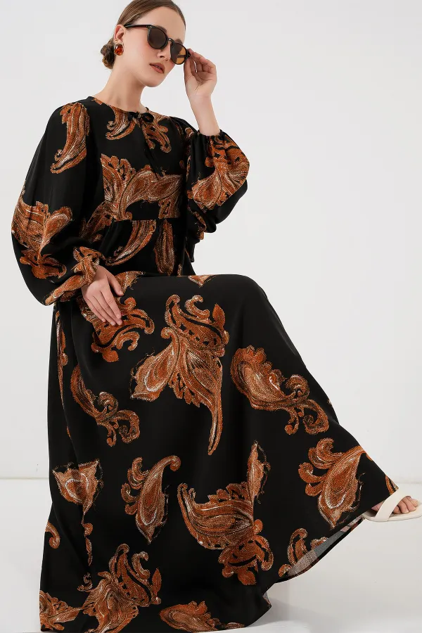 Robe longue hijab à manches ballon pour femme 2464 - Beige clair