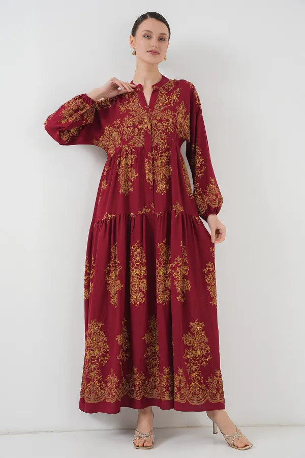 Robe hijab bordeaux à motifs dorés 2423