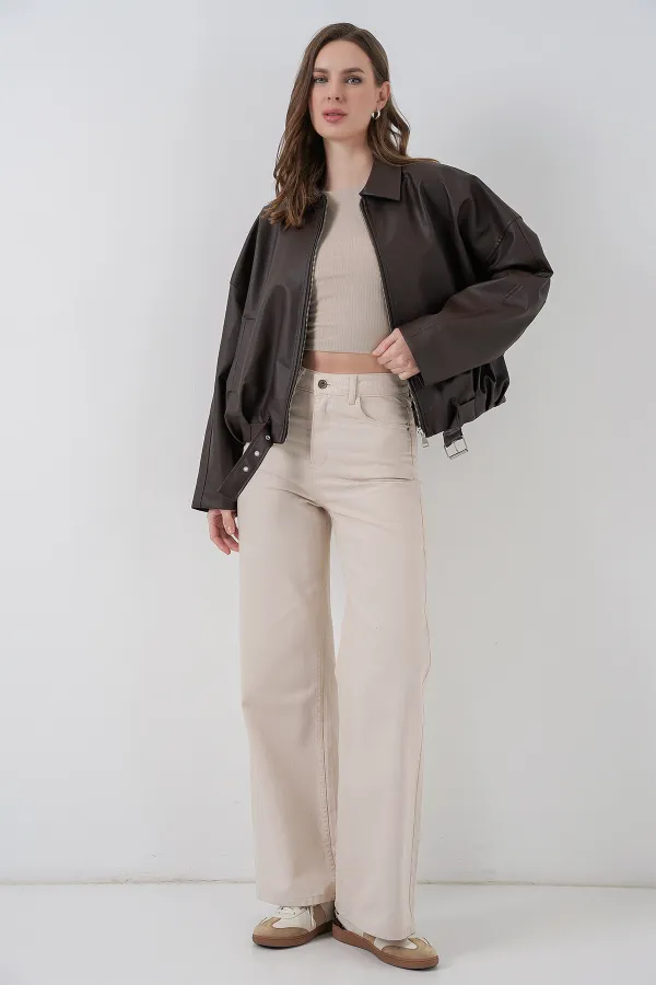 Kadın Kemer Detaylı Deri Ceket 1056 - Kahverengi