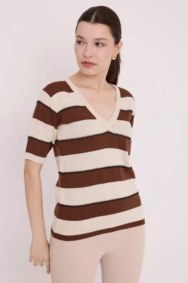 Chemisier rayé crème café à manches courtes pour femme 15869