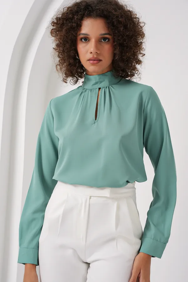 0418 Window Detail Blouse - Aqua Green