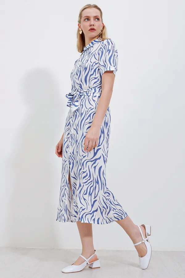 2213 Kısa Kol Viskon Elbise - Mavi