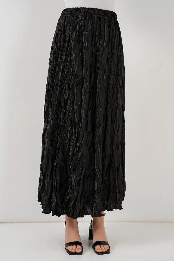 Jupe longue froissée brillante pour femme 8034 - Noire