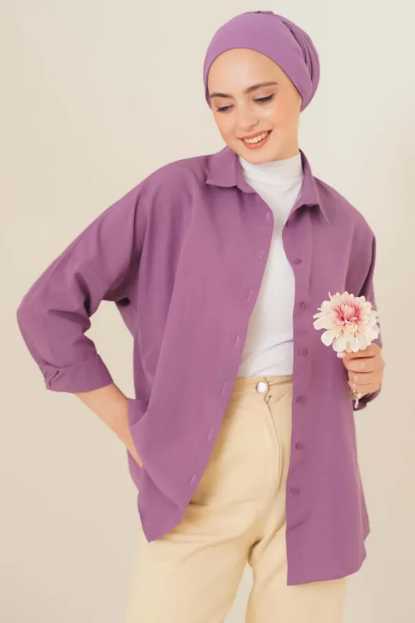 103901 Oversize Basic Tesettür Gömlek - Koyu Lila
