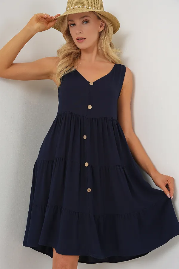 Women's Sleeveless Button-Down Short Dress 2571 - Navy Blue