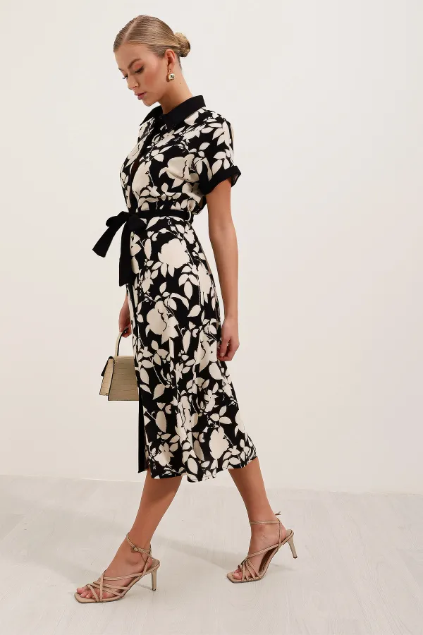 2455 Patterned Shirt Dress - Black