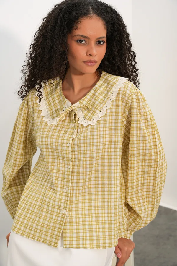 Women's Dandel Collar Plaid Shirt 20387 - Yellow
