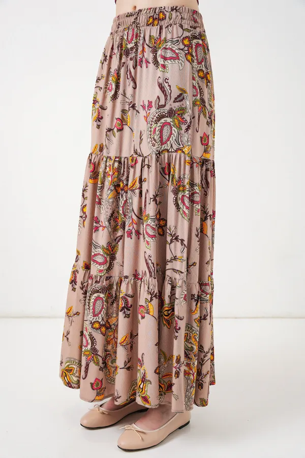 1898 Desenli Uzun Etek - Bej
