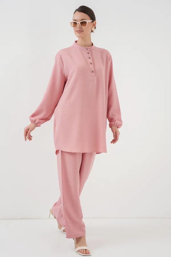 6678 Keten Tunik Pantolon İkili Takım - Pembe
