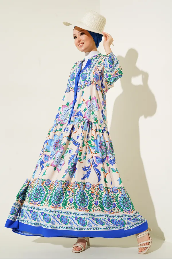 Robe hijab à motifs authentiques 2423 - Bleu marine