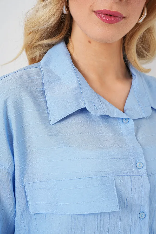Women's Pocket Detailed Short Sleeve Shirt 20317 - Blue