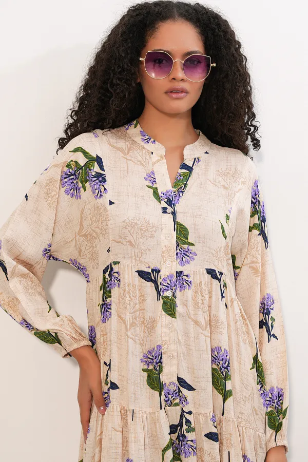 Women's Patterned Long Hijab Dress 2585 - Light Lilac Women's Patterned Long Hijab Dress 2585 - Light Lilac