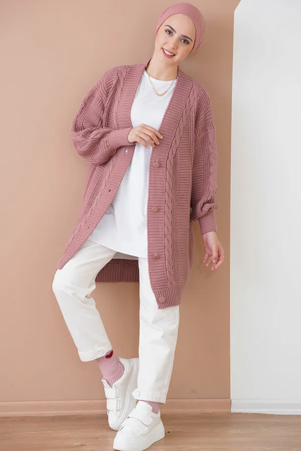 15768 Tesettür Triko Hırka - Gül Kurusu