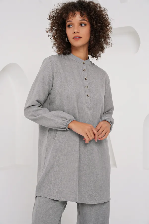 6678 Linen Tunic Trousers Two Piece Suit - Gray