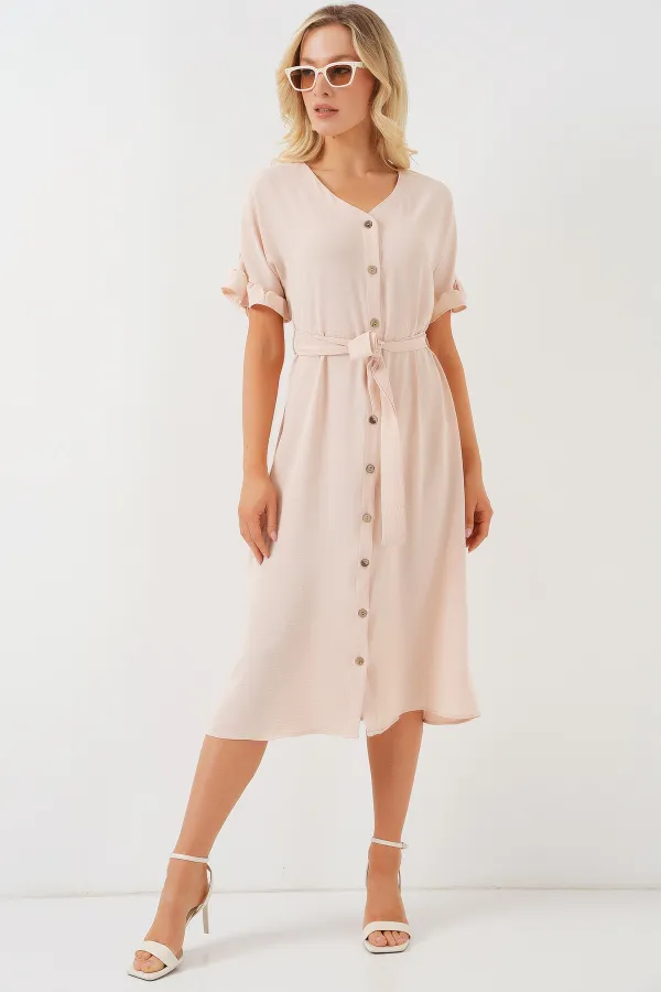 Women's Short Sleeve Buttoned Dress 2555 - Cream