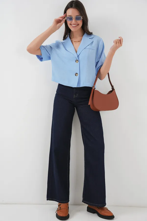 0706 Crop Linen Jacket - Blue 0706 Crop Linen Jacket - Blue