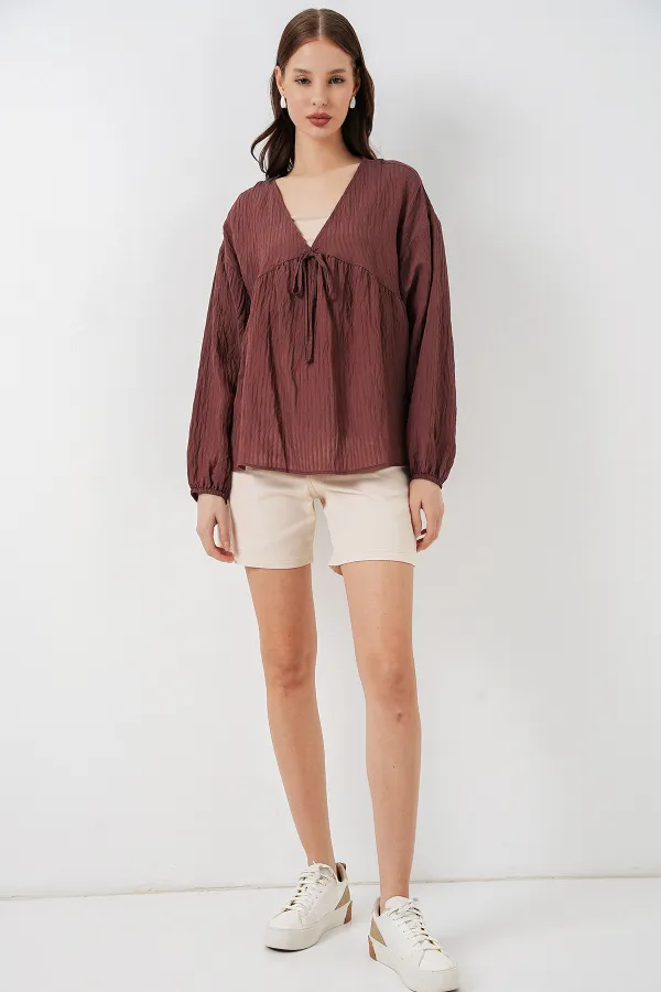 Chemisier à manches longues et laçage sur le devant pour femme 946 - Marron