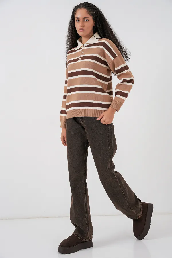 Women's Striped Polo Neck Knitwear Sweater 15952 - Mink