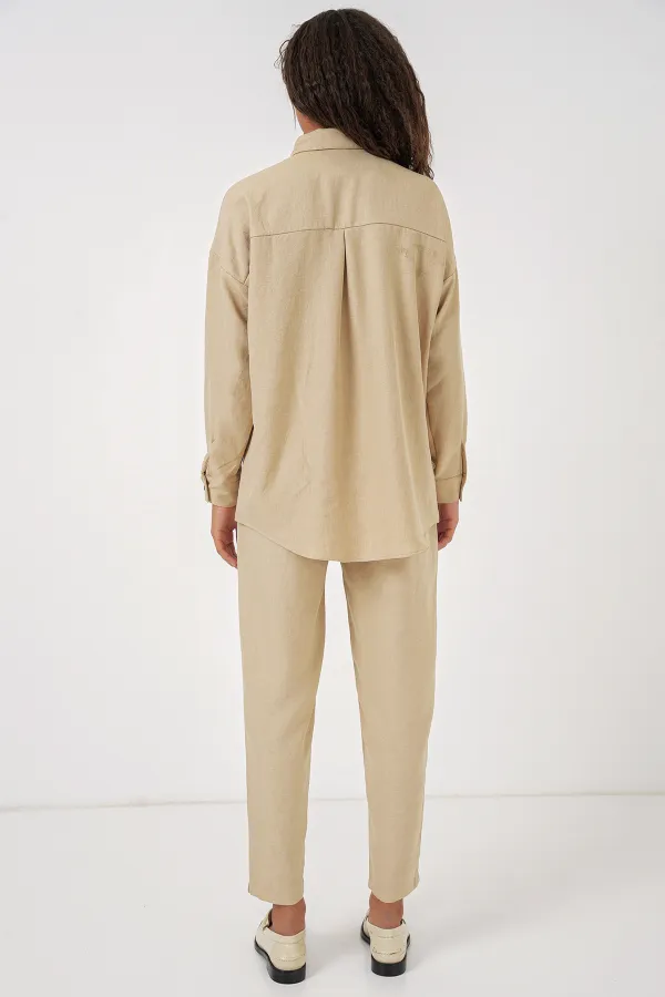 Kadın Bej Oversize Keten Alt Üst Takım 6622