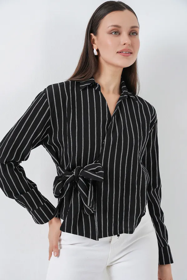 Women's Front Tie Striped Shirt 20362 - Black Women's Front Tie Striped Shirt 20362 - Black