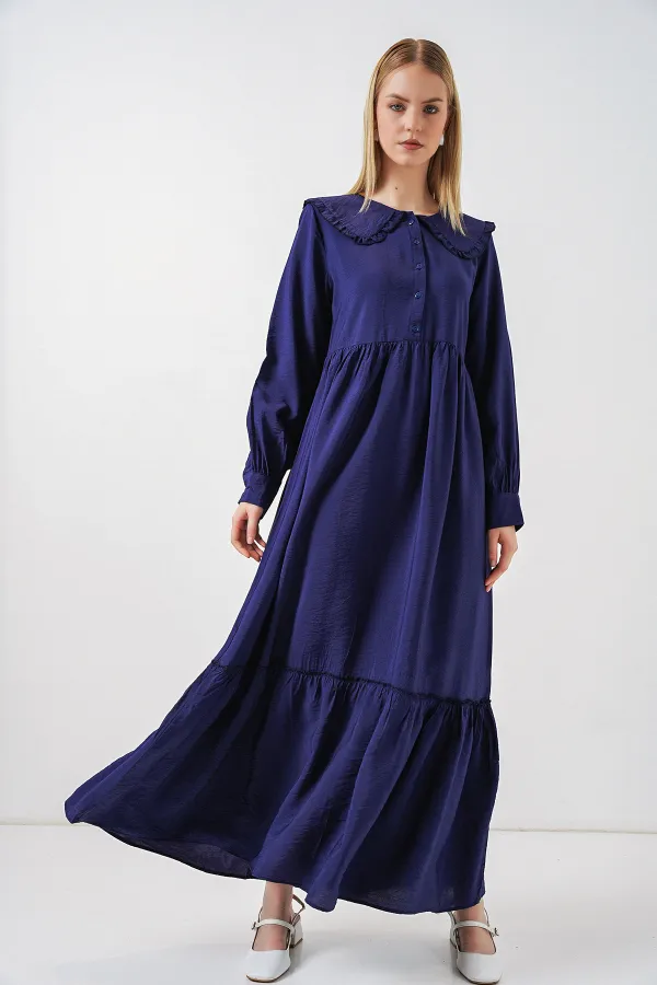 Kadın Bebe Yaka Uzun Tesettür Elbise 2592 - Lacivert