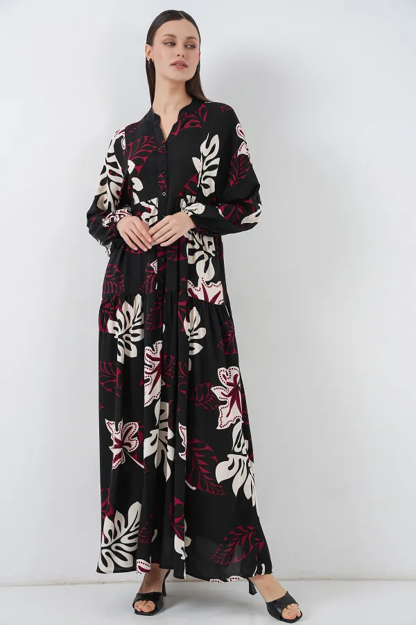 Kadın Desenli Uzun Tesettür Elbise 2585 - Z.Siyah