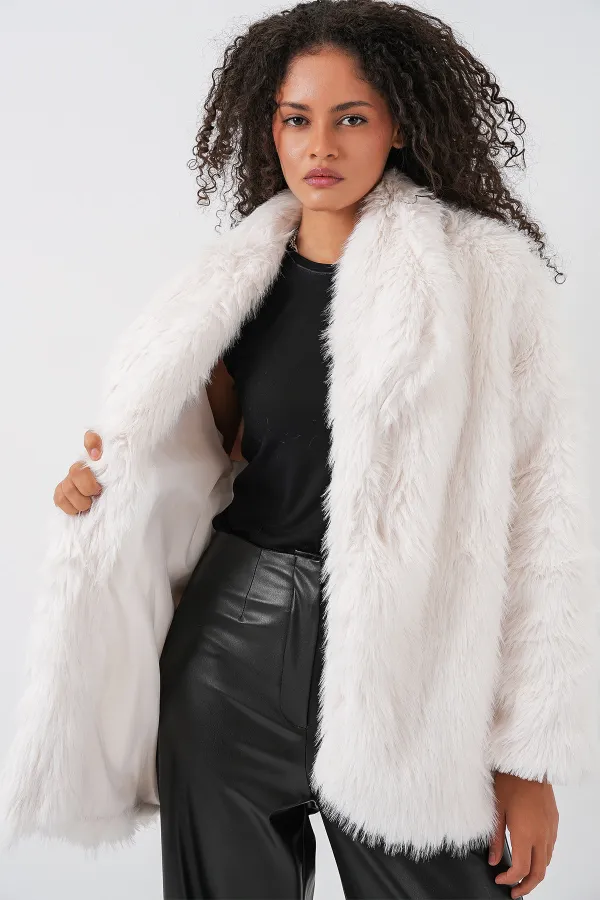 Manteau en fourrure oversize ceinturé pour femme 9156 - Blanc