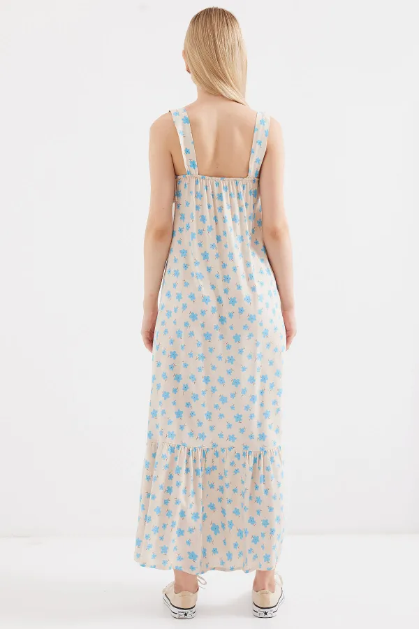 2237 Desenli Askılı Viskon Elbise - Mavi