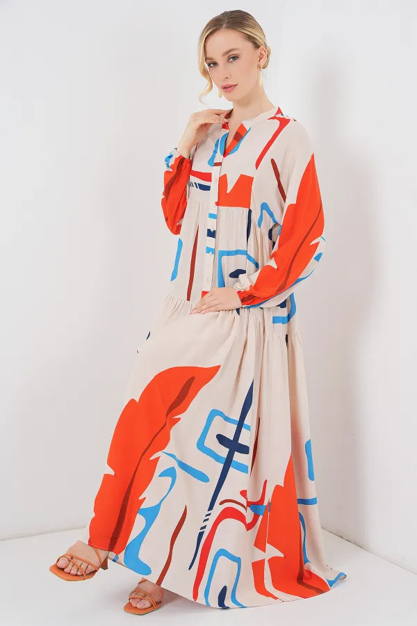 Kadın Desenli Uzun Tesettür Elbise 2585 - Turuncu