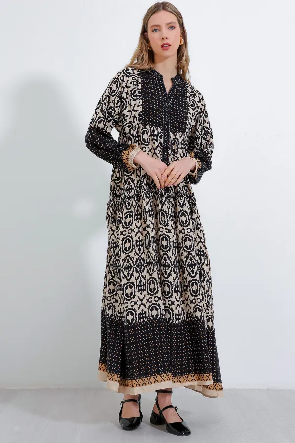 2423 Authentic Patterned Hijab Dress - Black4