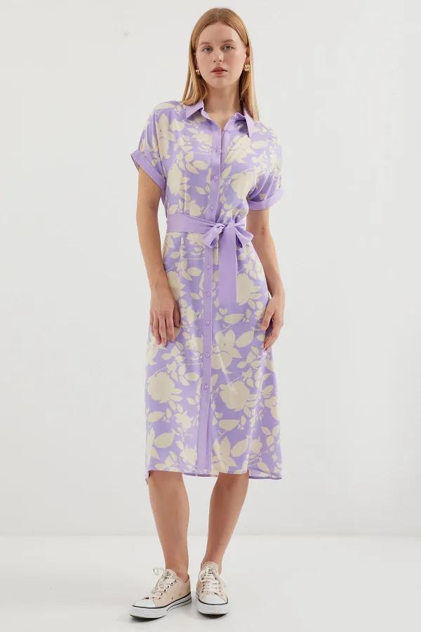 2455 Patterned Shirt Dress - Lilac