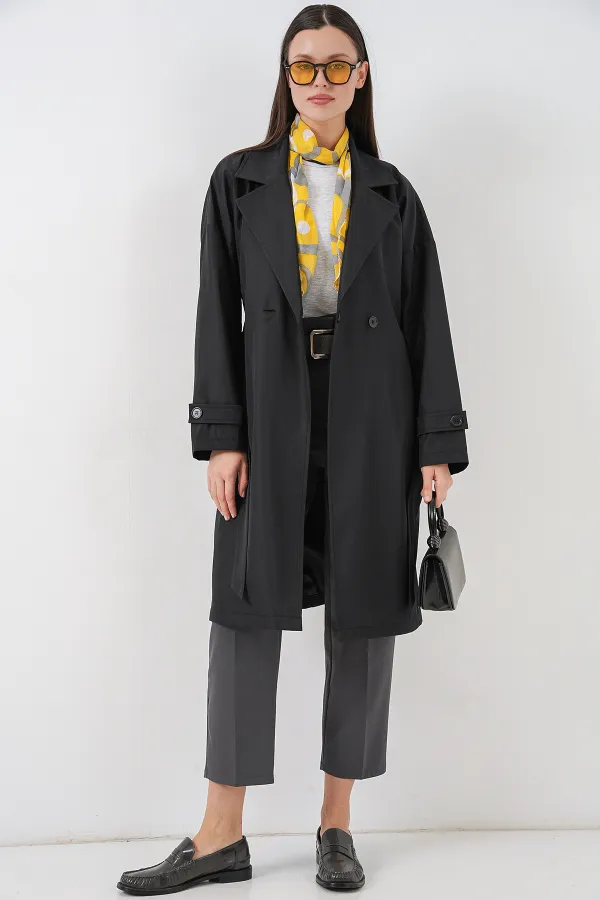 Kadın Kruvaze Yaka Trençkot 5987 - Siyah