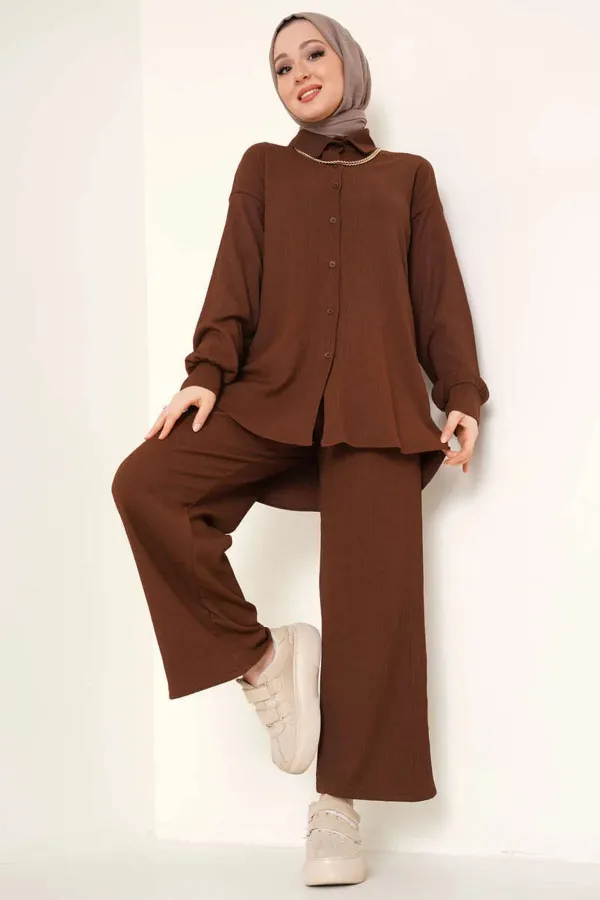 Ensemble hijab tricoté deux pièces T5858 - Marron
