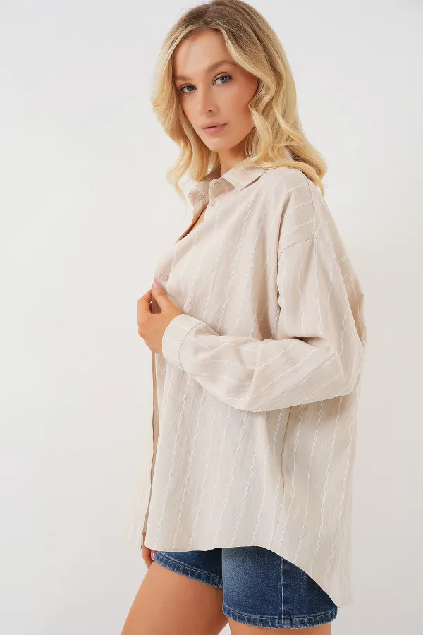 Kadın Çizgili Oversize Gömlek 20293 - Krem