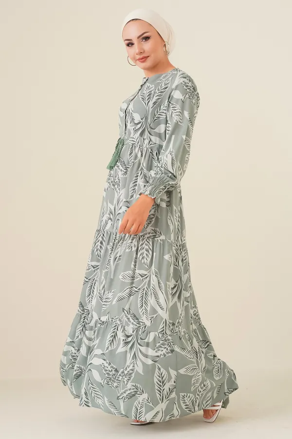 2145 Desenli Tesettür Elbise - Çağla