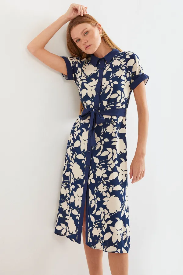 2455 Patterned Shirt Dress - Navy Blue