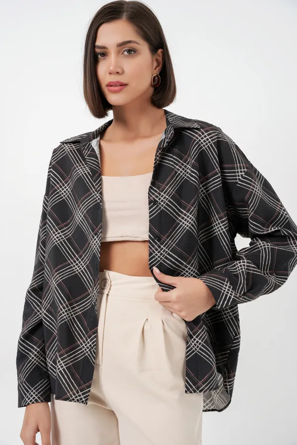 Chemise oversize à motifs pour femme 20372 - Noire