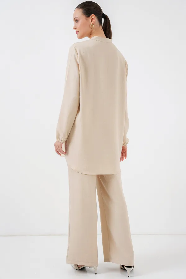 6678 Keten Tunik Pantolon İkili Takım - Bej